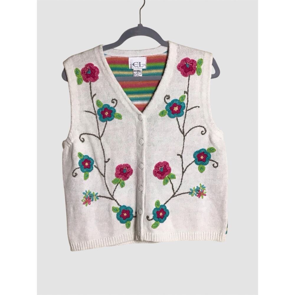 Cricket Lane White Vintage Floral & Striped Sweater Vest Sz. LrgP